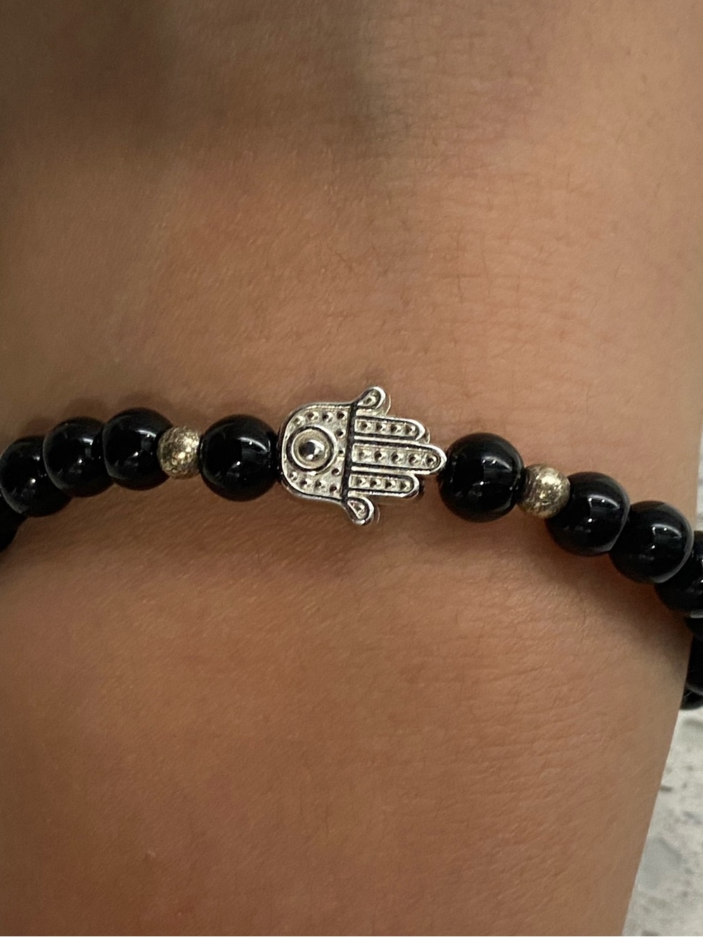 Jet Black Beaded Hamsa Hand Bracelet Protection Adjustable Macrame Clasp